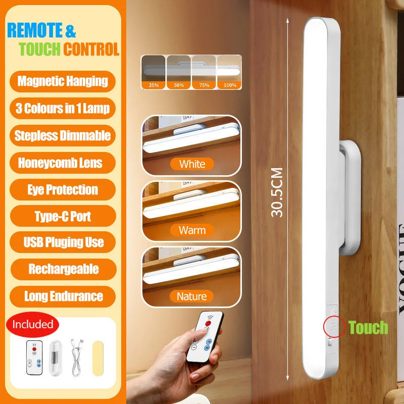 Magnetic LED Reading Lamp – Rechargeable Cordless Night Light with Remote