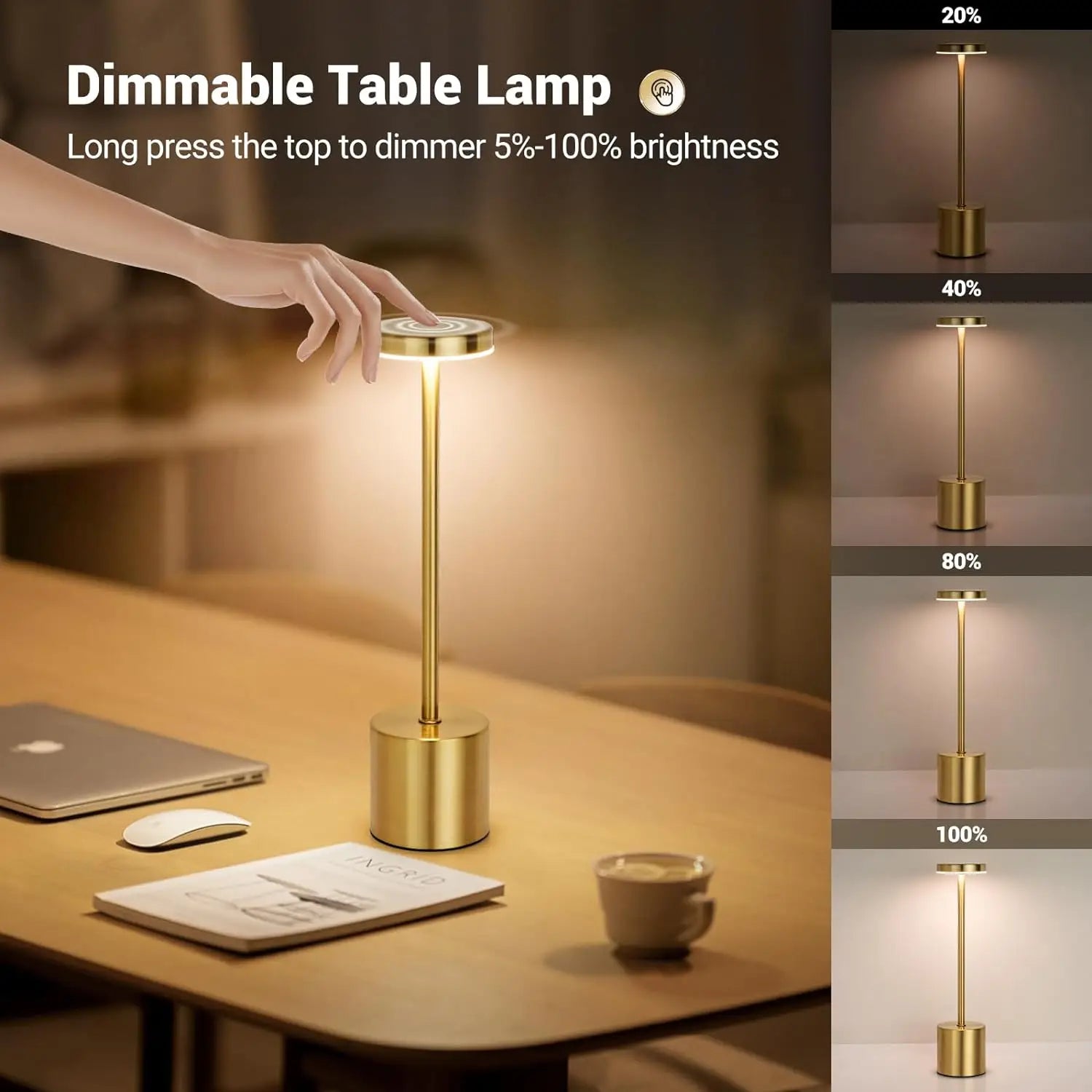 Metal LED Touch Table Lamp – Rechargeable Cordless 3-Color Ambient Light