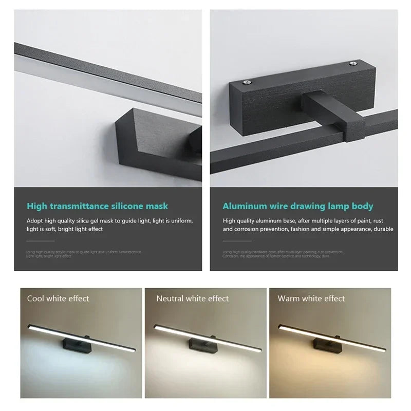 Modern LED Bathroom Wall Light – Aluminum Mirror Vanity Lamp (3 Colors)