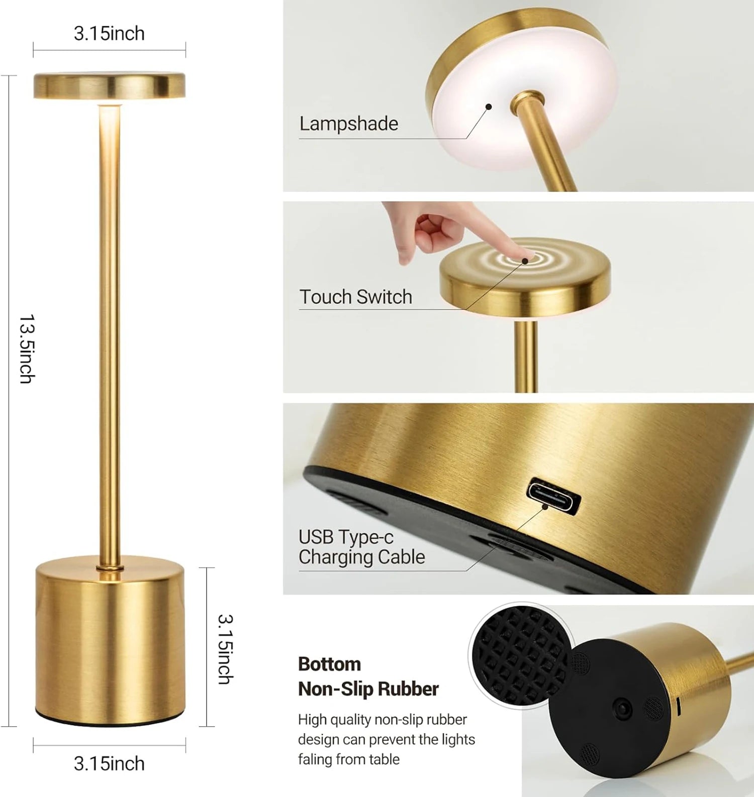 Metal LED Touch Table Lamp – Rechargeable Cordless 3-Color Ambient Light