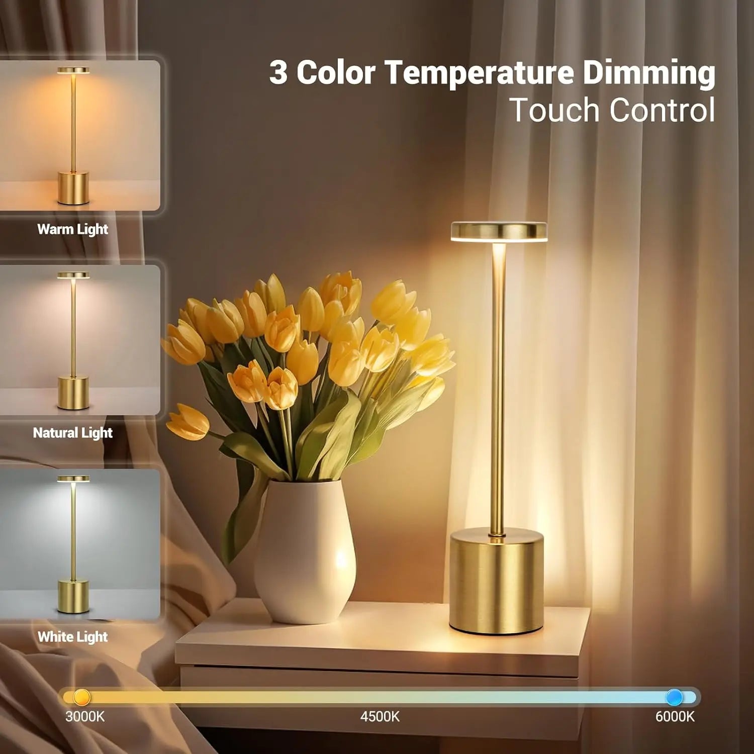 Metal LED Touch Table Lamp – Rechargeable Cordless 3-Color Ambient Light