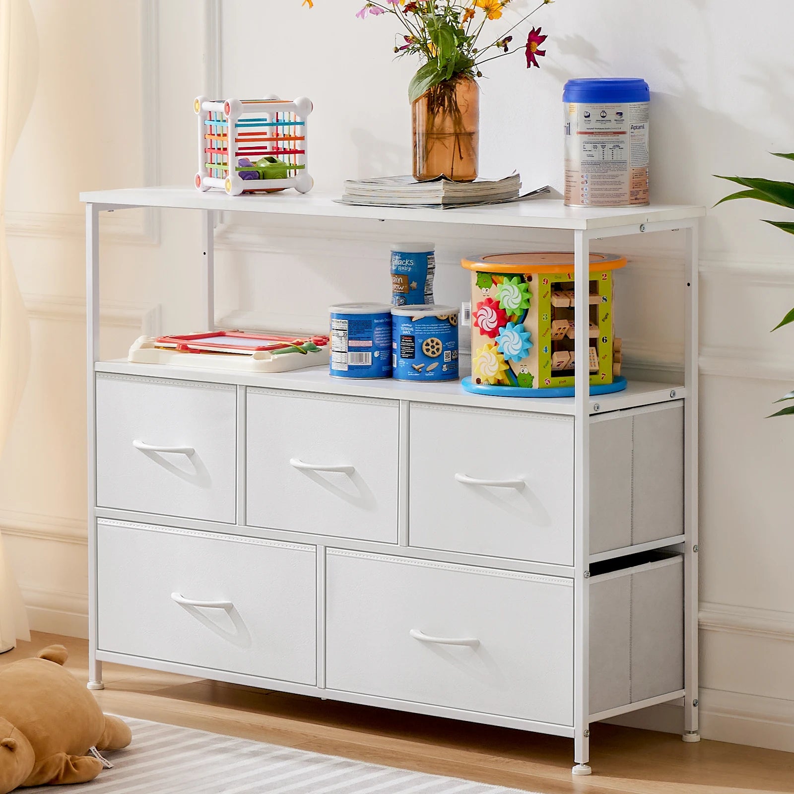 Fireplace TV Stand with Fabric Drawer Storage