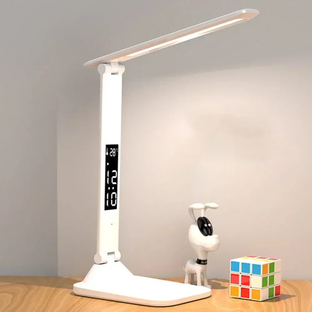 LED Desk Lamp with Clock & Calendar – Dimmable Touch Study Night Light