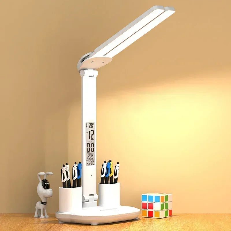 LED Desk Lamp with Clock & Calendar – Dimmable Touch Study Night Light