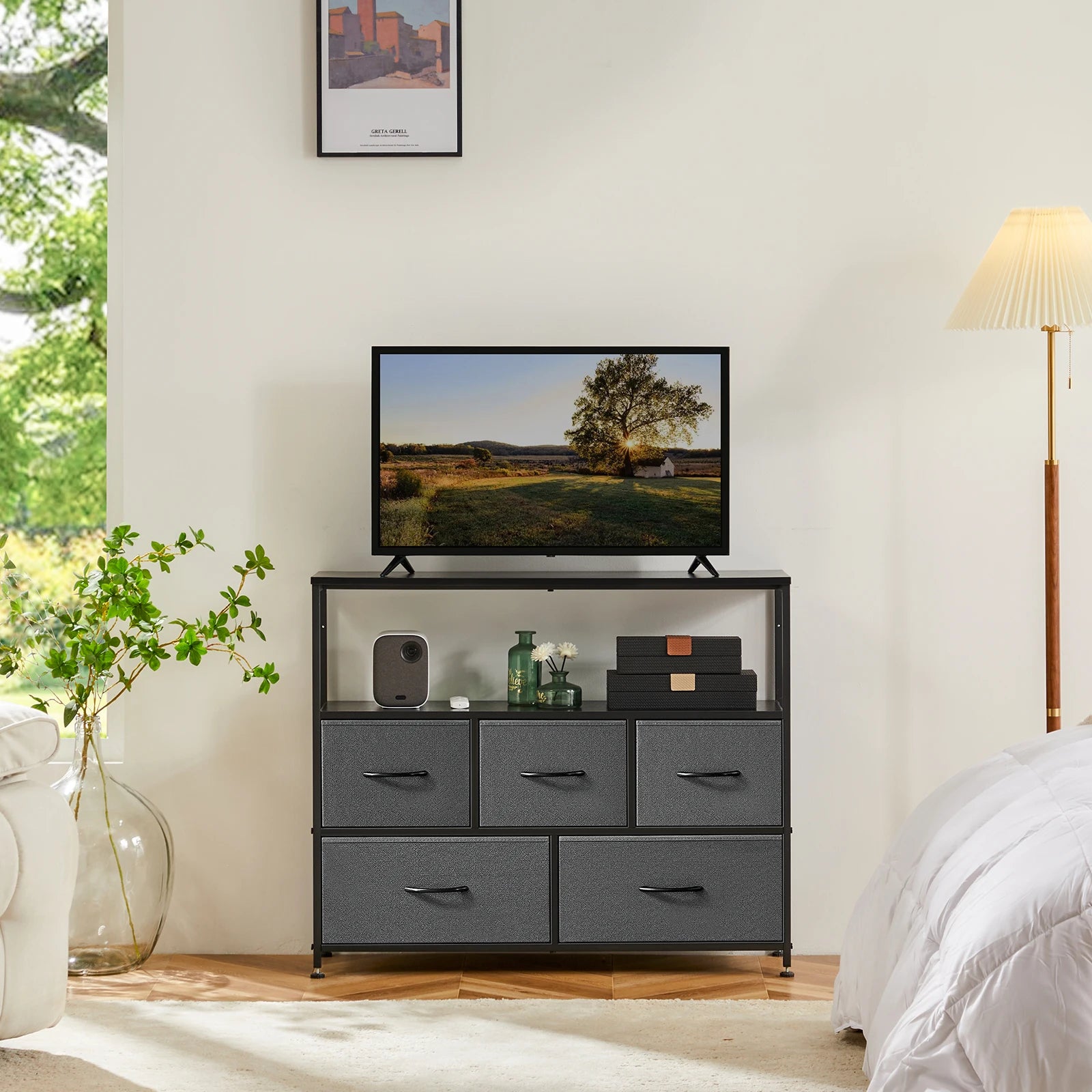 Fireplace TV Stand with Fabric Drawer Storage