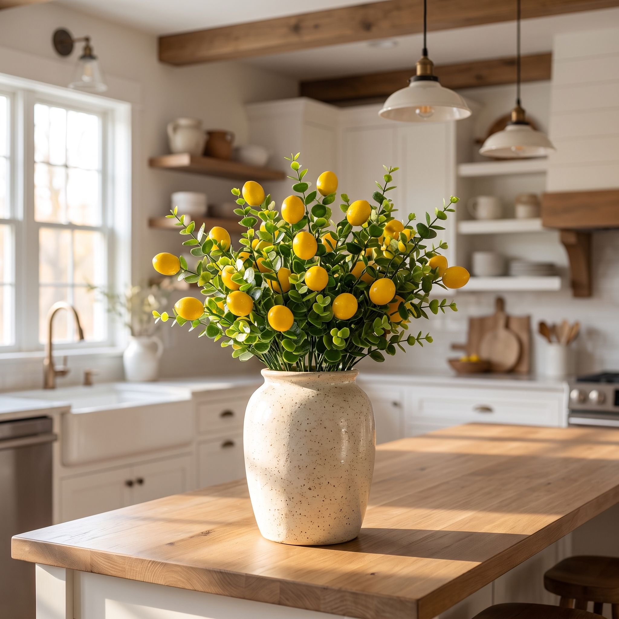 Faux lemon branches in a vase on a kitchen island