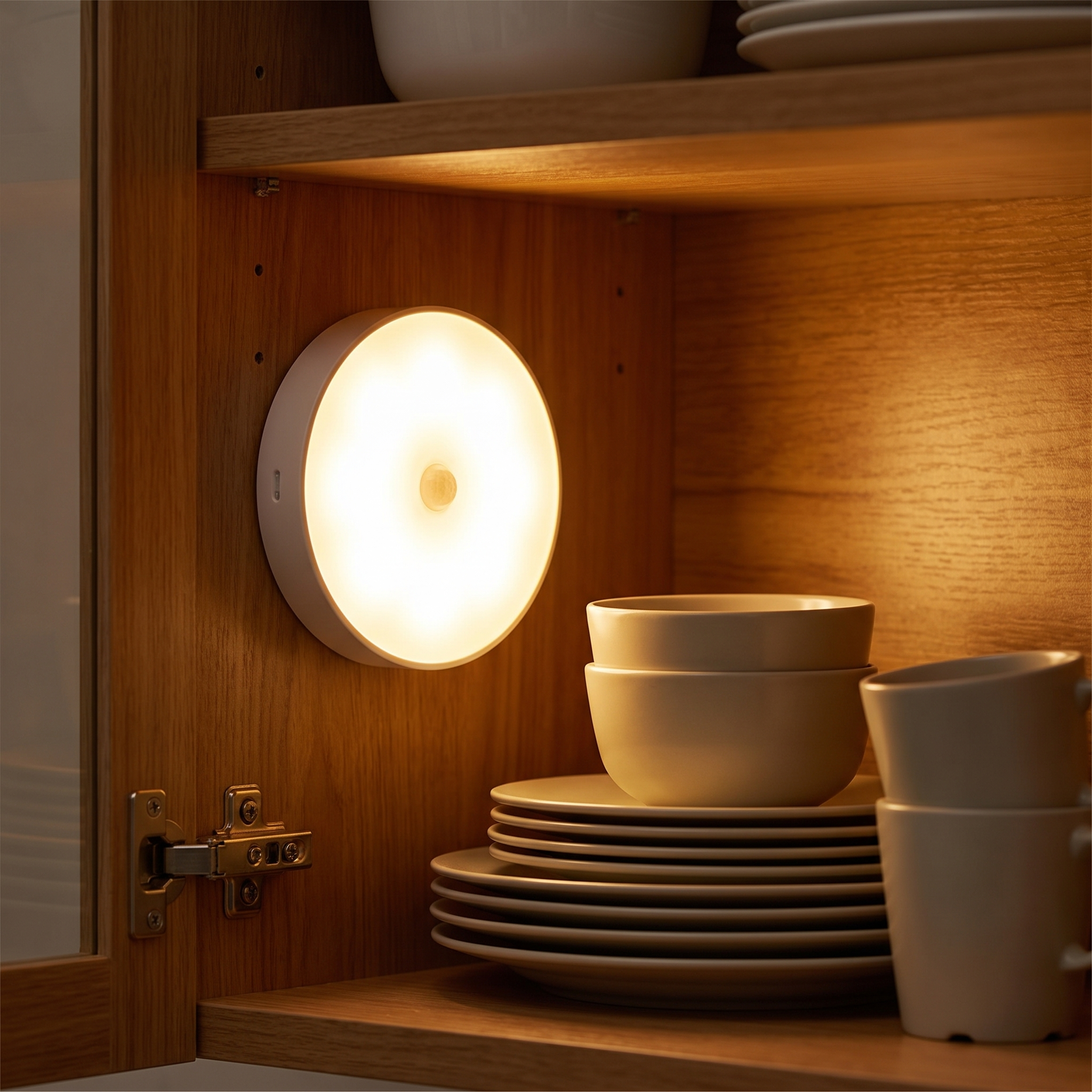 Motion sensor LED night light in a kitchen cabinet
