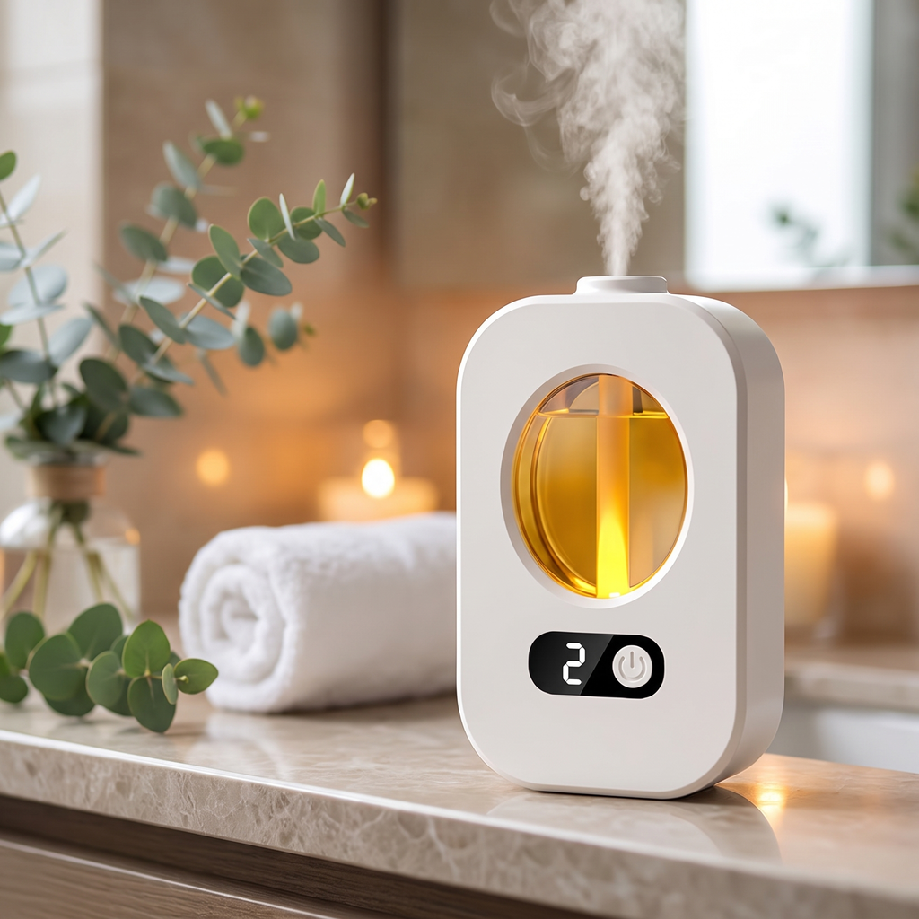 Automatic aroma diffuser on a bathroom counter