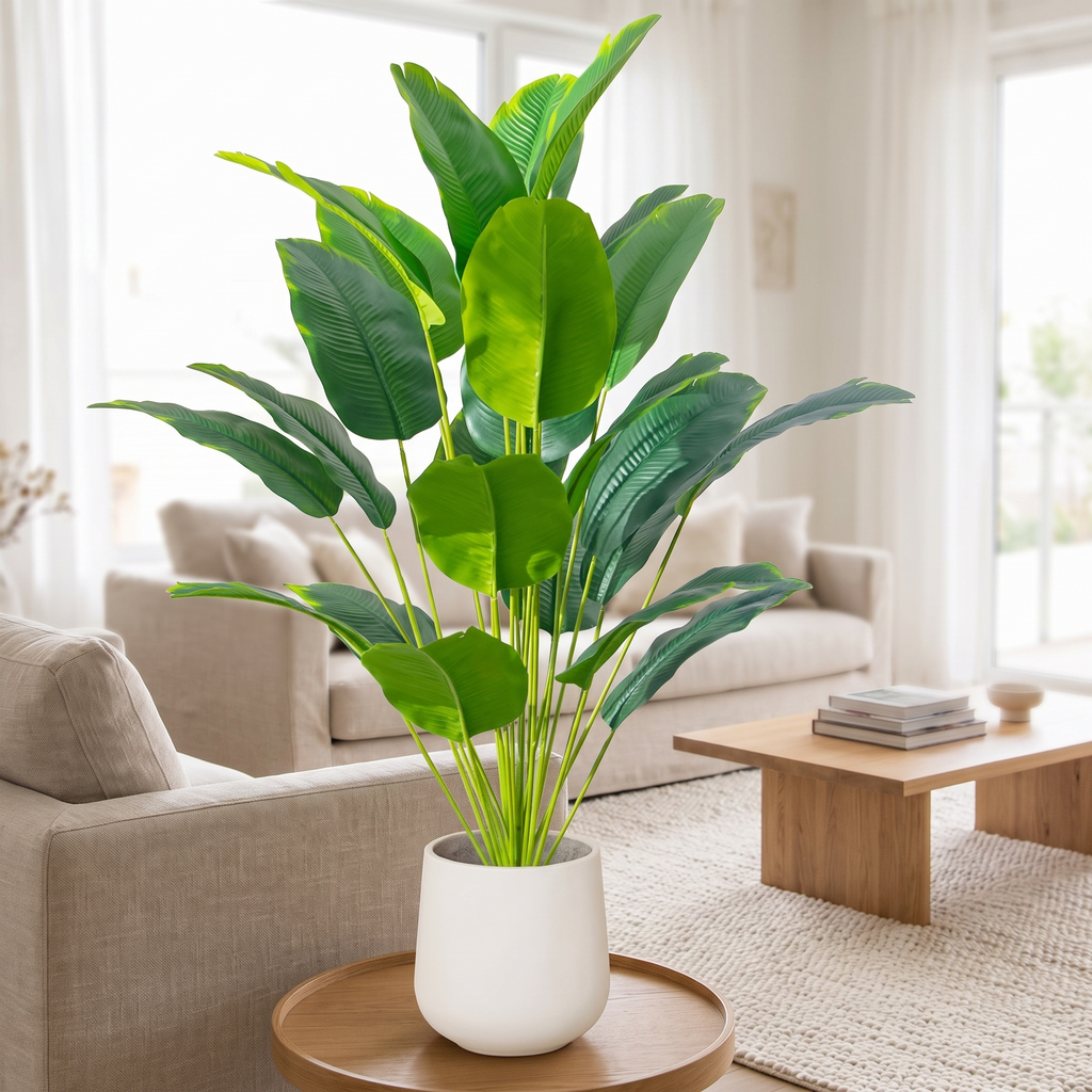 Faux tropical palm plant in a living room