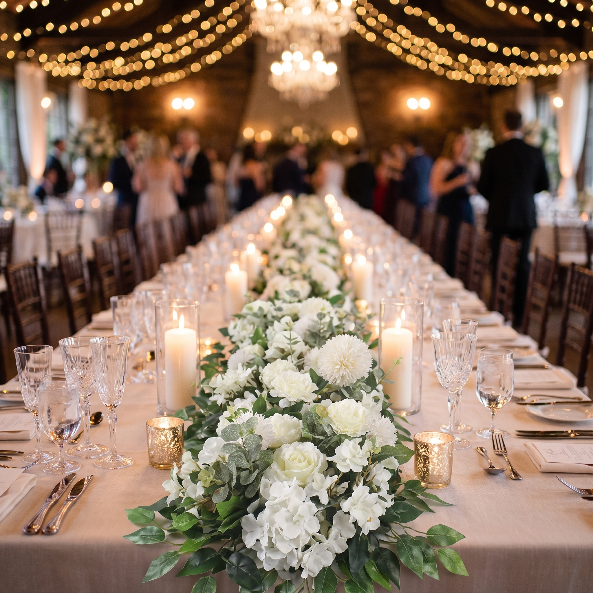 White rose flower row centerpiece on a wedding table