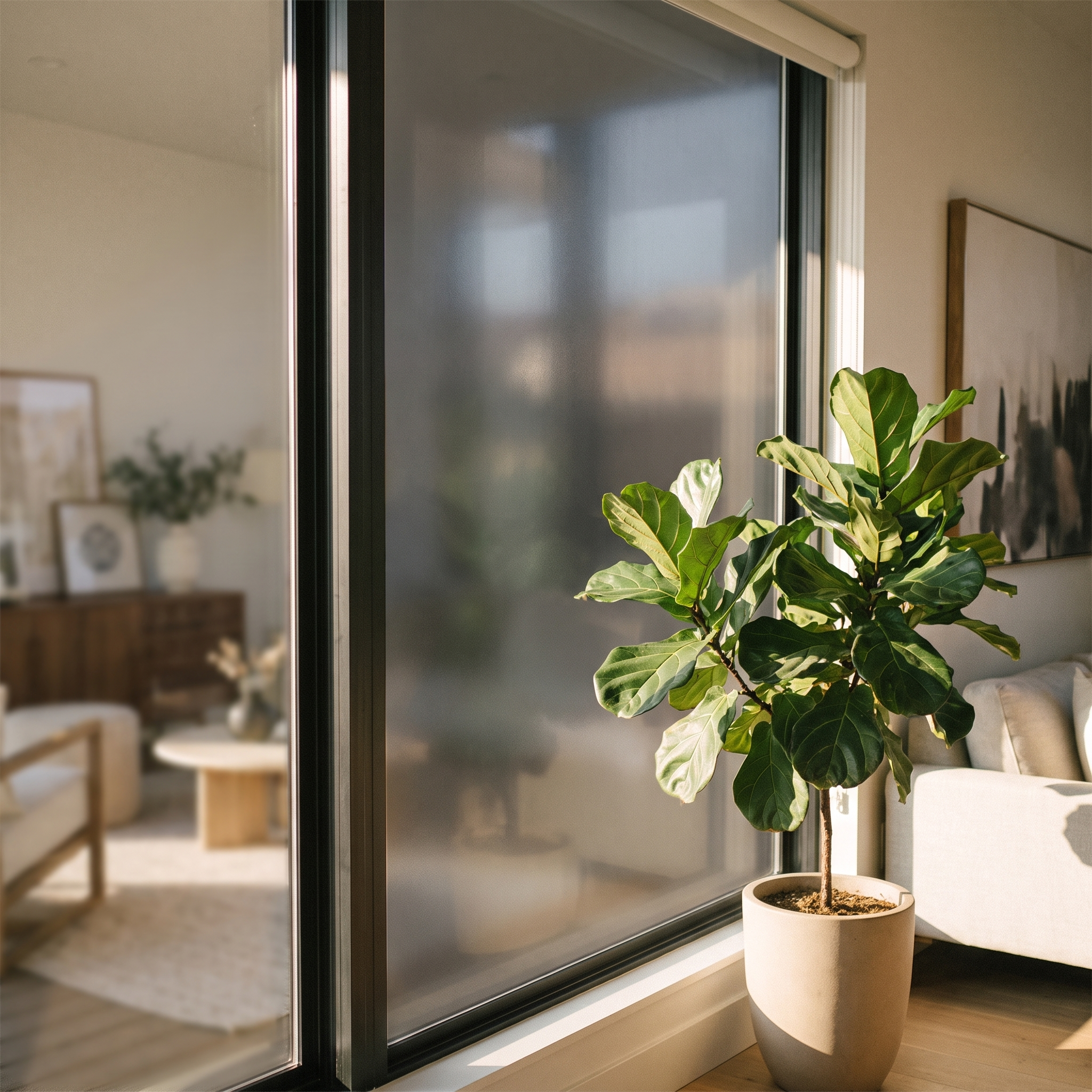 Privacy window film on a sunny living room window