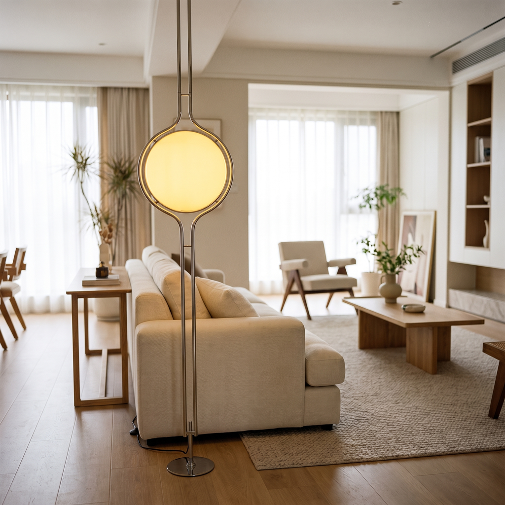 Acrylic ball floor lamp beside a sofa
