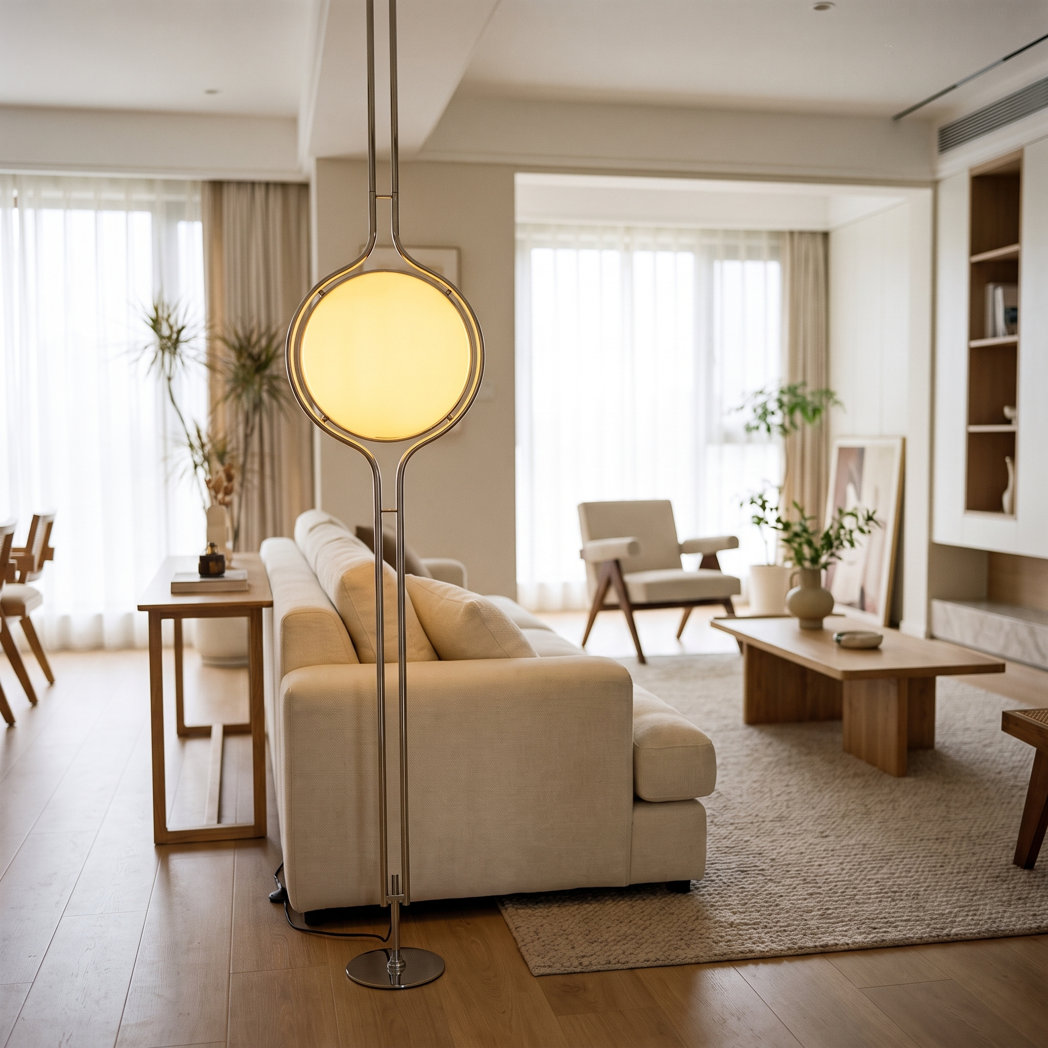 Acrylic ball floor lamp beside a sofa