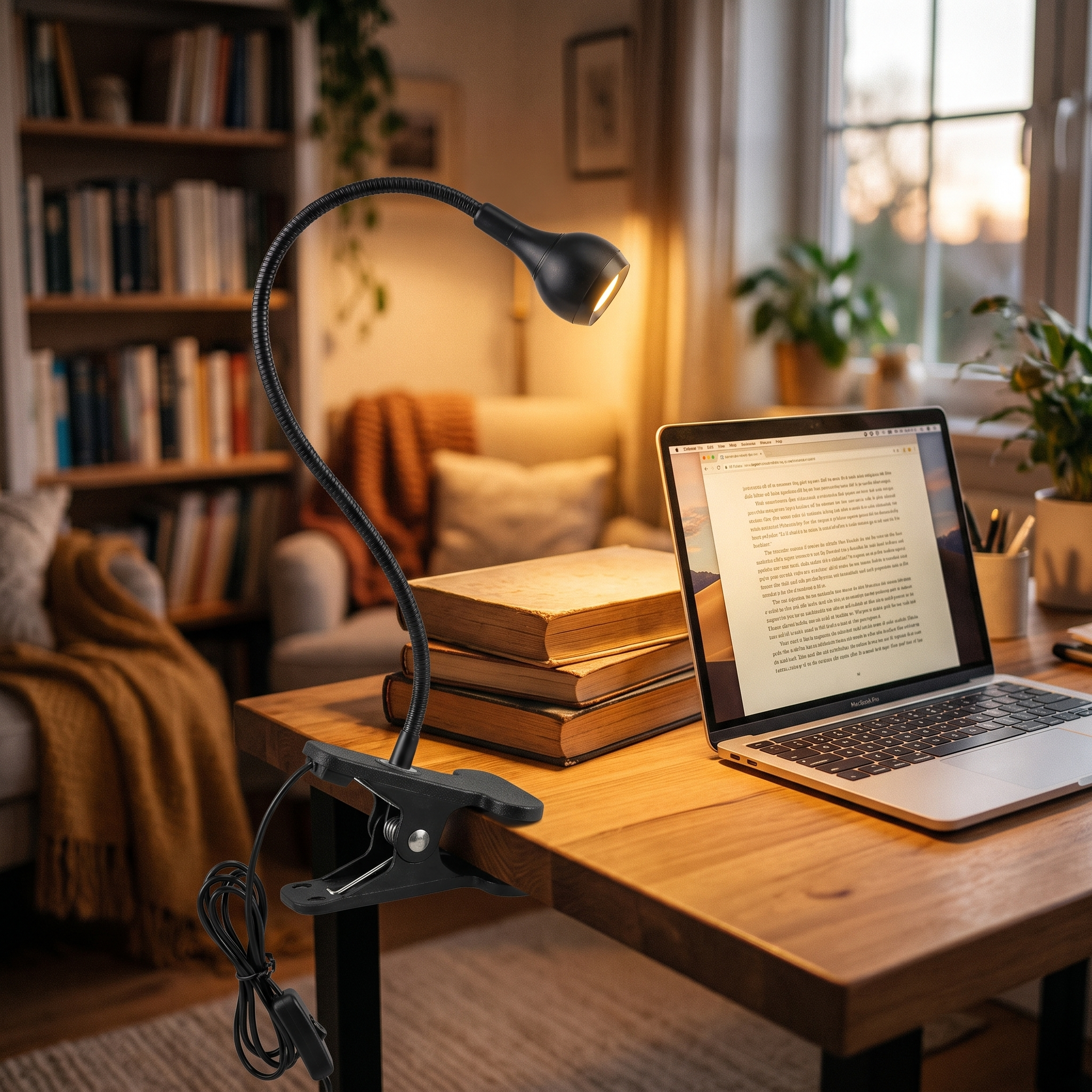 Gooseneck clip-on desk lamp on a study desk