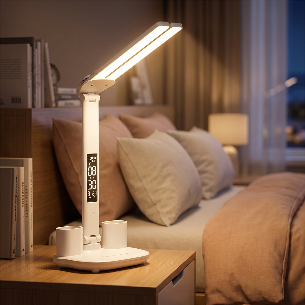 LED desk lamp with clock display on a nightstand