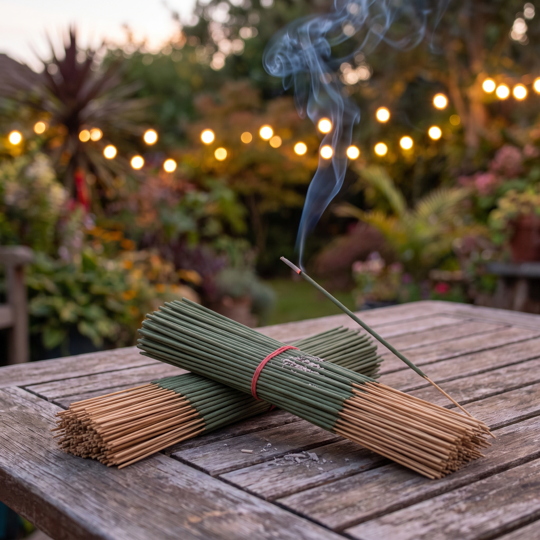 Outdoor incense coils burning on a patio table