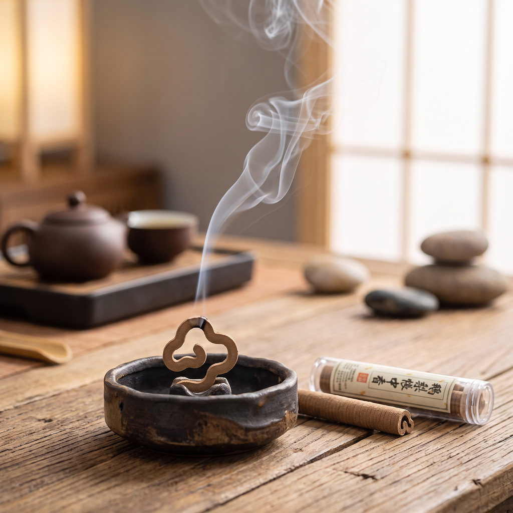 Sandalwood incense coil burning in a zen room