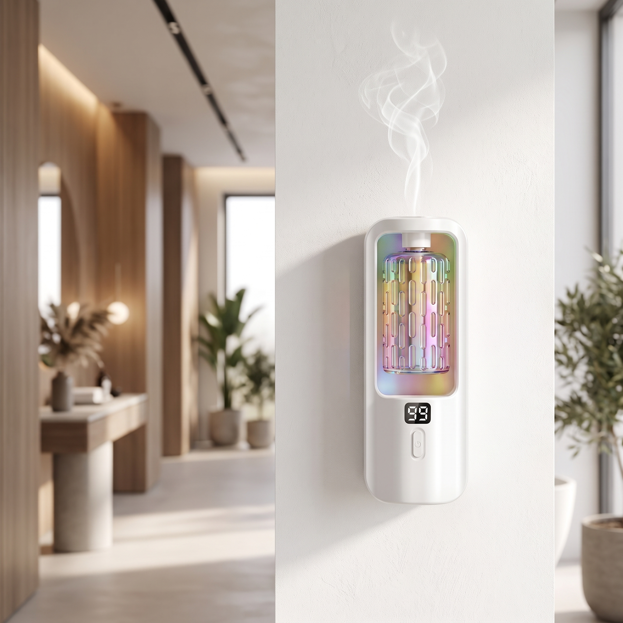 Wall-mounted aroma diffuser in a hallway