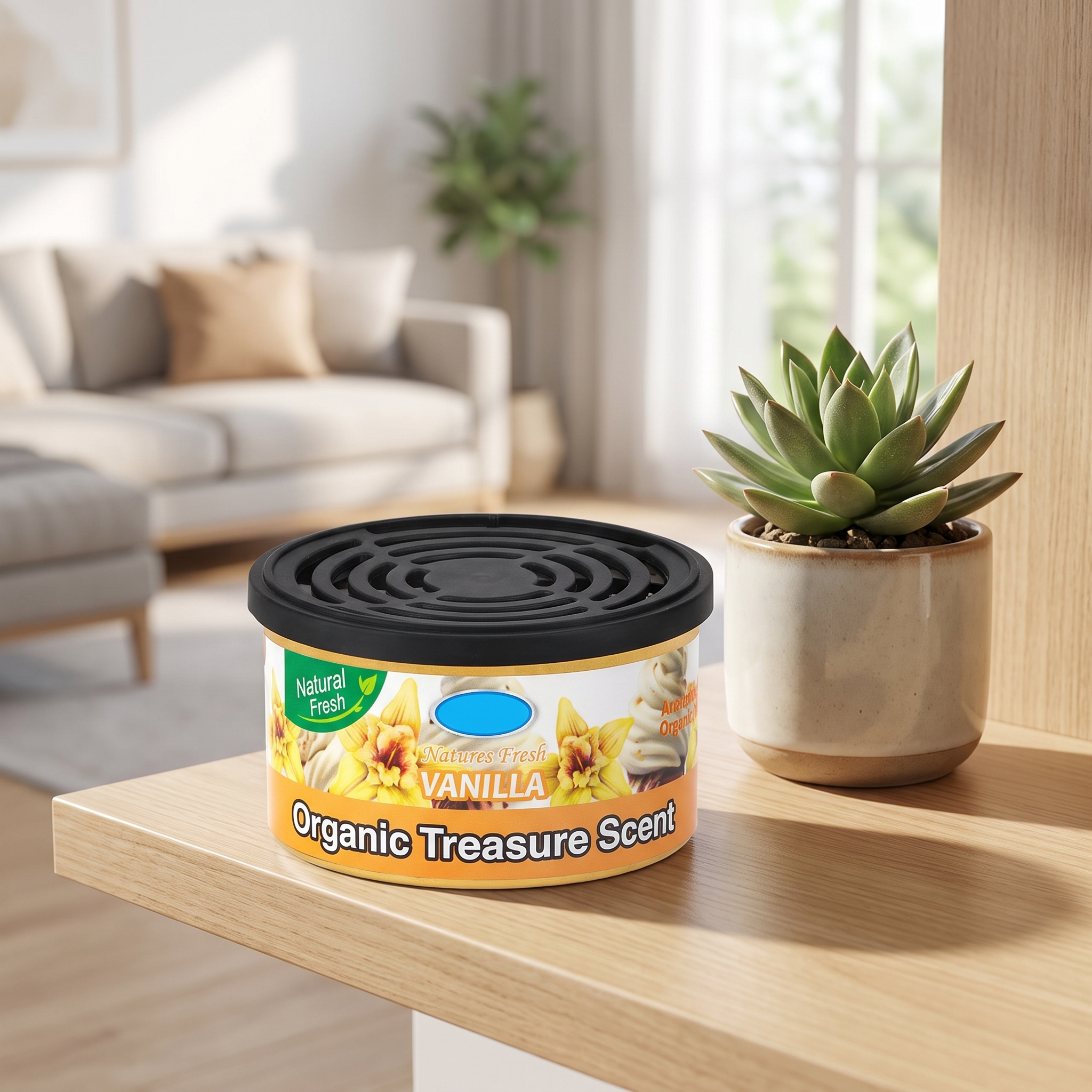 Natural air freshener can on a shelf