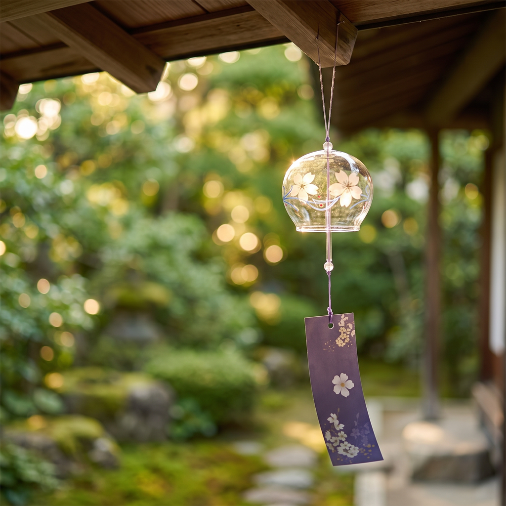 Sakura glass wind chime on a porch