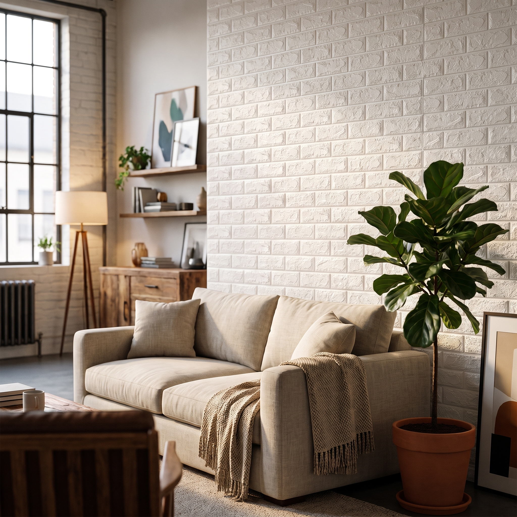 3D brick wallpaper on a living room accent wall
