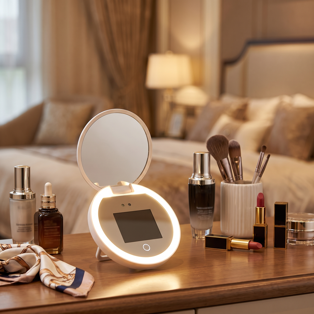 LED makeup mirror on a bedroom vanity