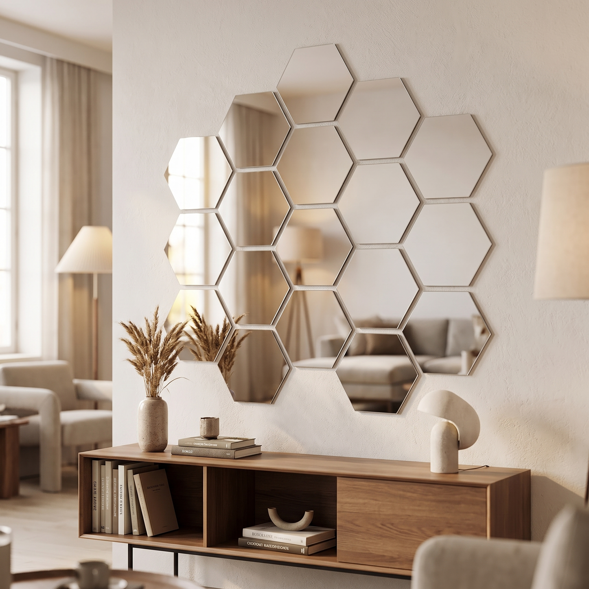 Hexagon mirror wall stickers in a honeycomb cluster