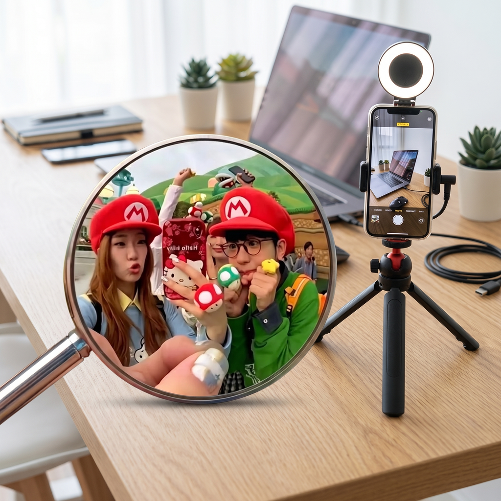 Mini convex wide-angle mirrors on a desk