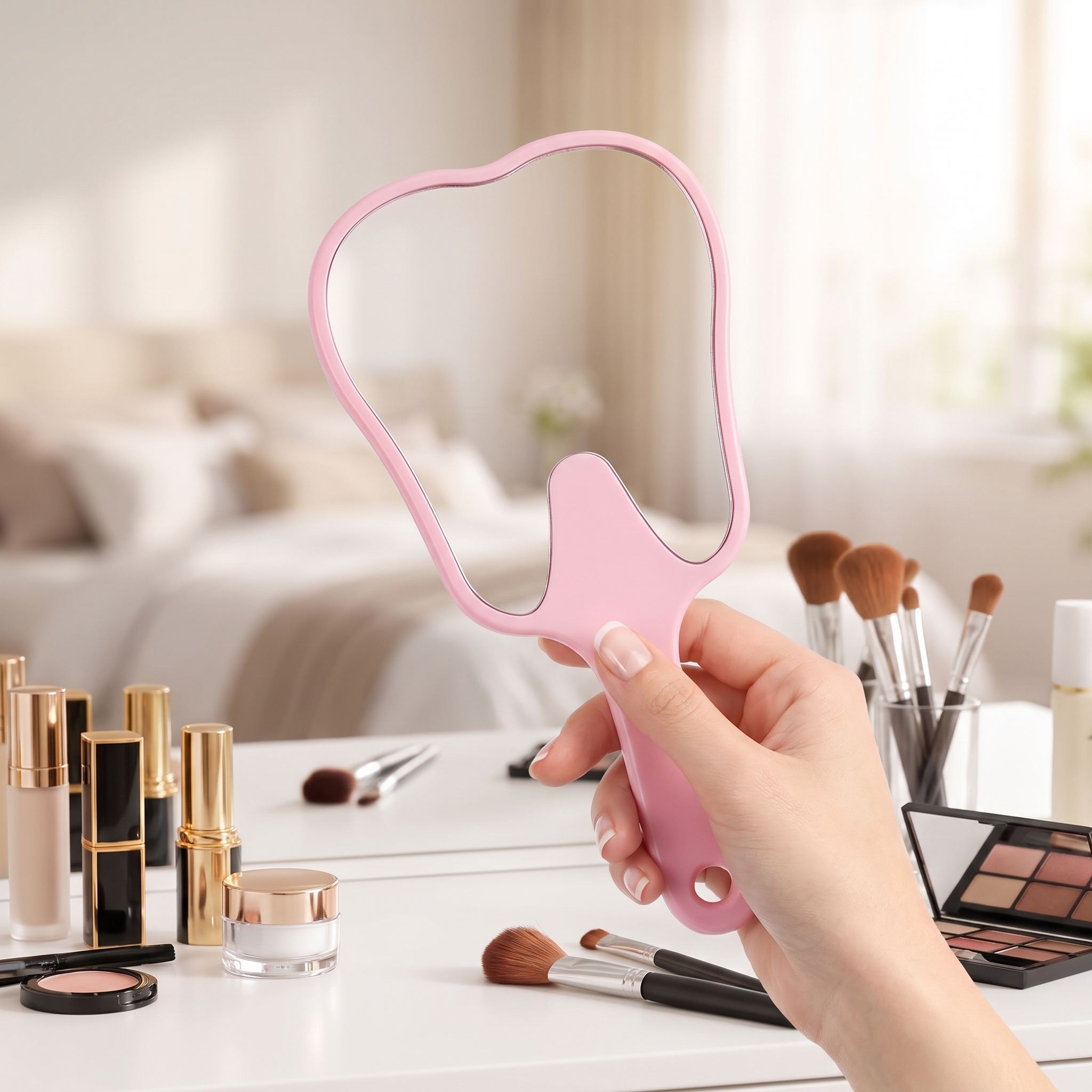 Tooth-shaped handheld makeup mirror on a vanity