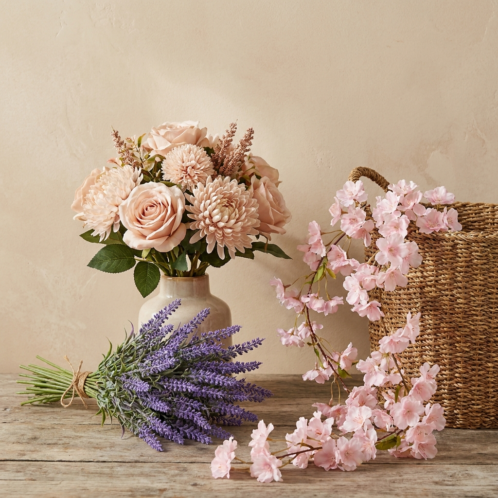 Faux Florals Trio — silk roses, Provence lavender and cherry blossom garland