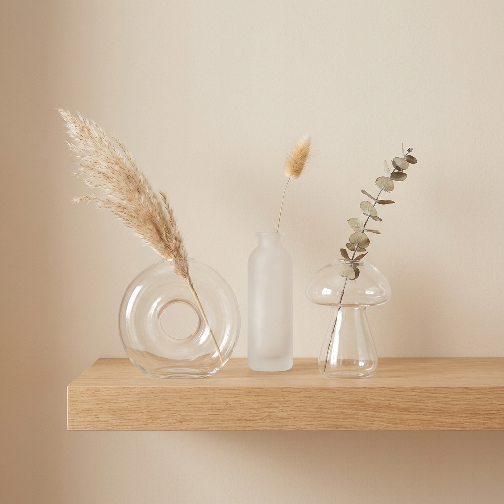 Minimalist Bud Vase Trio — donut, Nordic white and mushroom glass vases