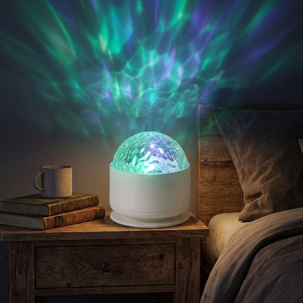 Aurora Water Ripple LED Projector casting northern lights on a bedroom ceiling